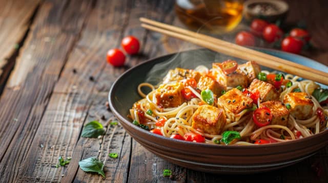 Makaron po chińsku z tofu - Przepis na makaron z tofu i pomidorami Makaron po chińsku z tofu - Przepis na makaron z tofu i pomidorami