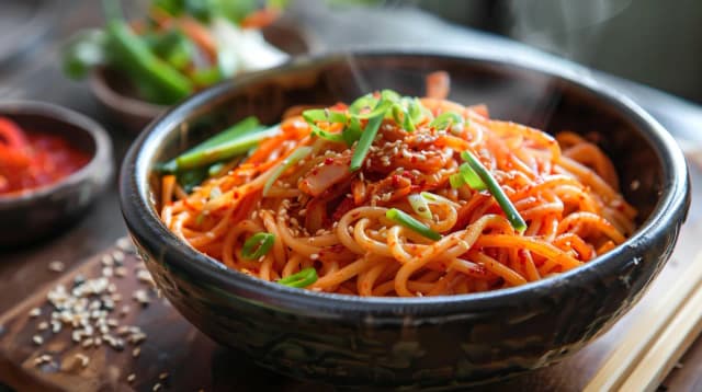 Makaron kimchi - Przepis na pikantny makaron z kimchi i warzywami Makaron kimchi - Przepis na pikantny makaron z kimchi i warzywami